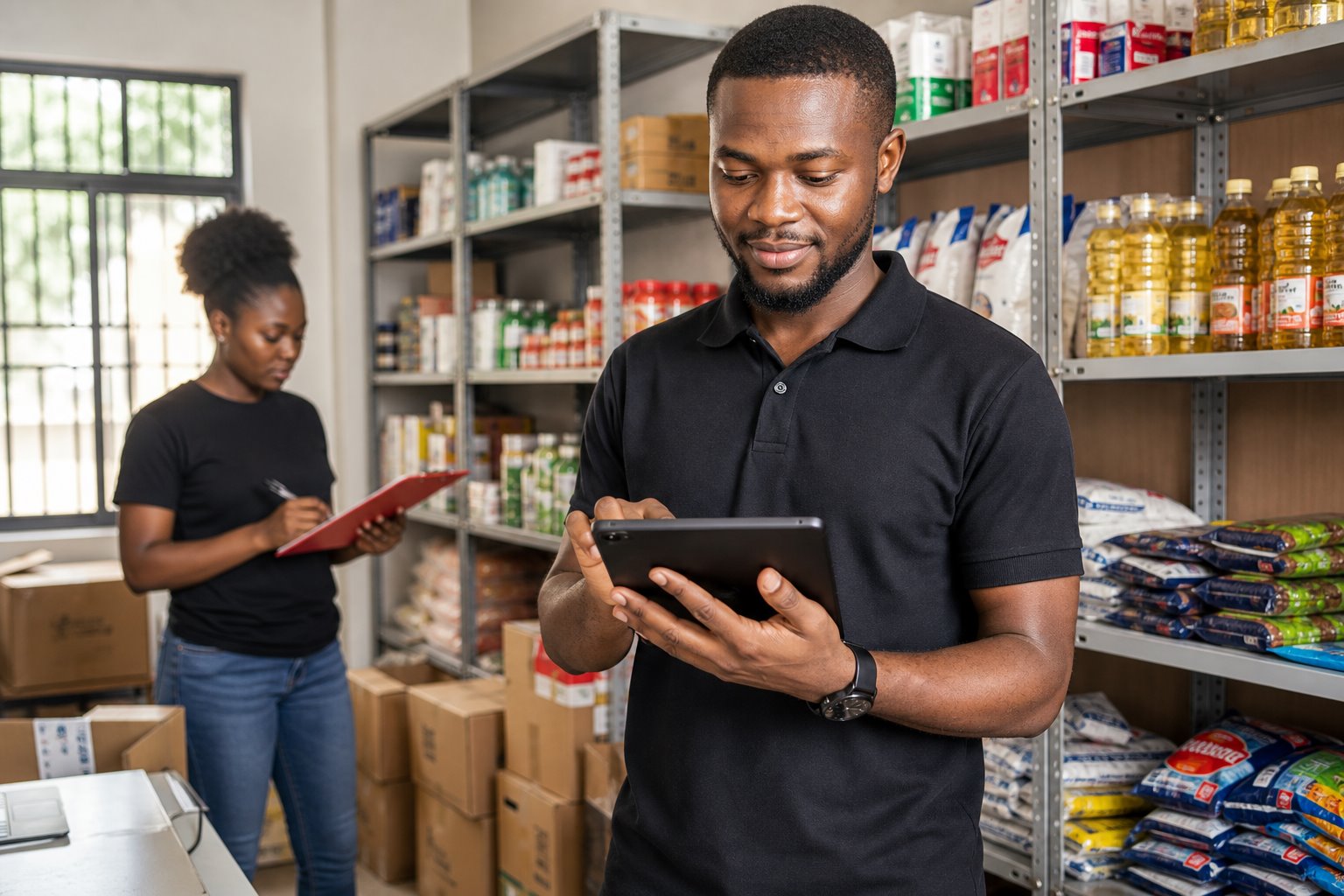 Shop owner checking inventory reports on a tablet beside stocked shelves