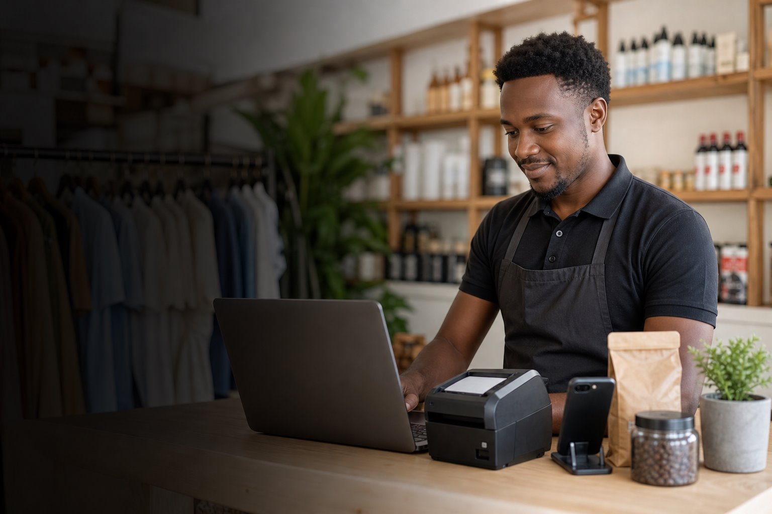 Small business owner setting up a POS account at a shop counter