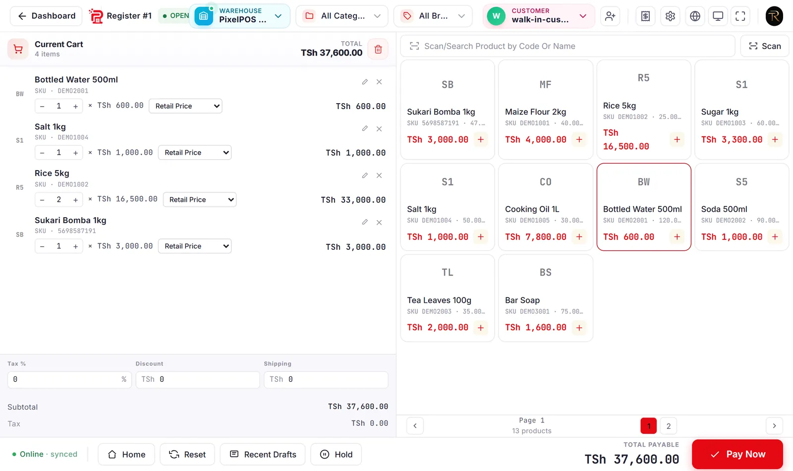 The PixelPOS selling screen with four items in the cart and the product grid