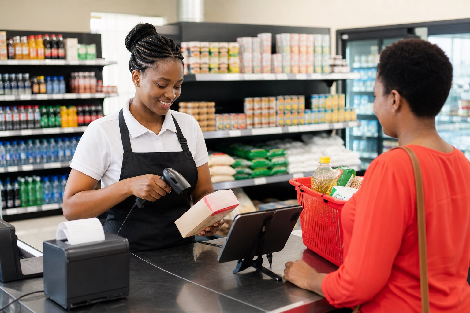 Cashier scanning products at a clean retail checkout counter